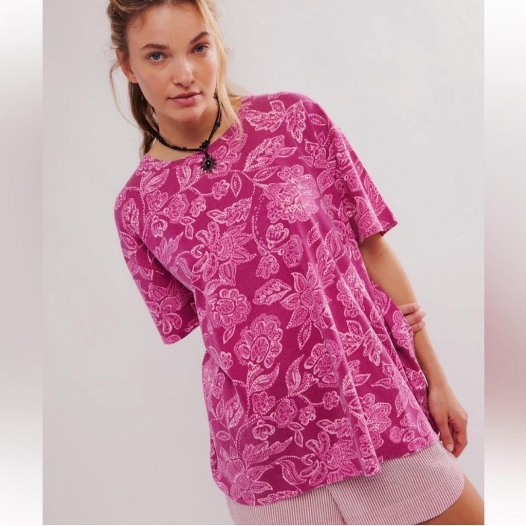 Free People We The Free Nina Printed Tee In Magenta Combo Oversized Nwt